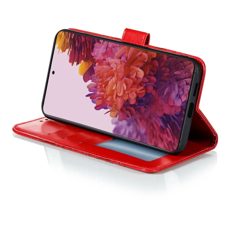 Imprint Mandala Flower Wallet Leather Cover for Samsung Galaxy S21 Ultra 5G Stand Case - Red