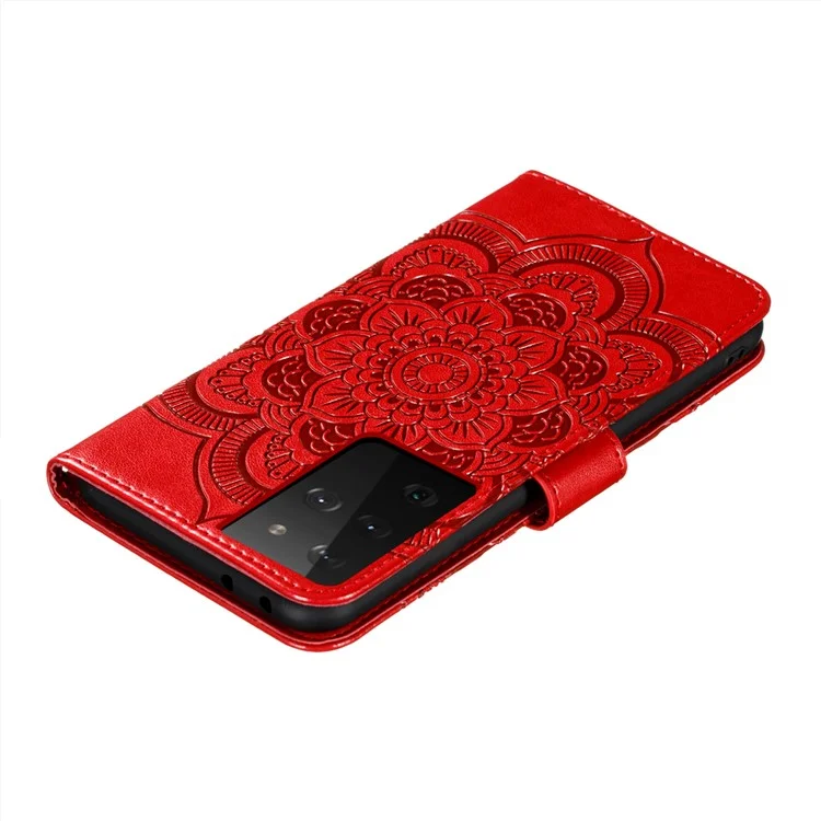 Imprint Mandala Flower Wallet Leather Cover for Samsung Galaxy S21 Ultra 5G Stand Case - Red