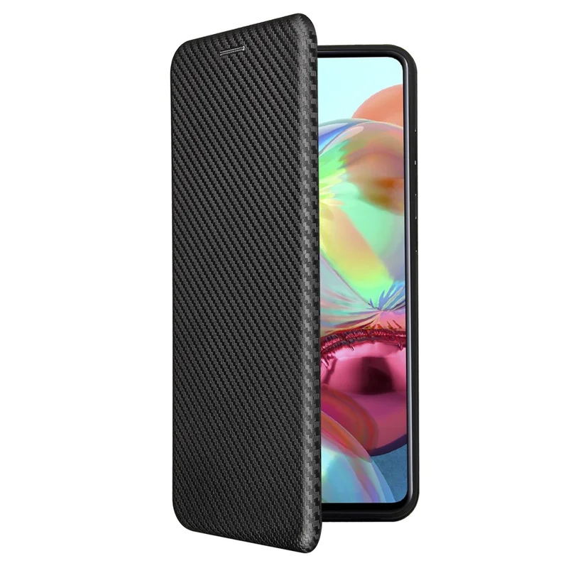 For Samsung Galaxy A72 5G Leather Phone Case Carbon Fiber Flip Cover with Card Holder Auto-absorbed Cover Case - Black