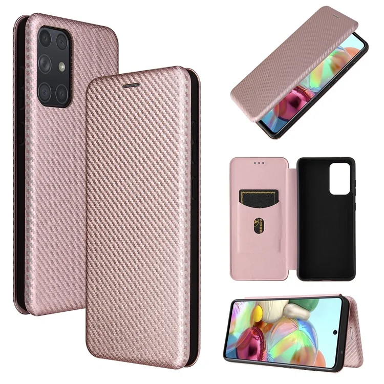 Pour Samsung Galaxy A72 5G Étui téléphone en cuir Fibre de carbone Housse à clapet avec porte-cartes Housse absorbante - Or rose