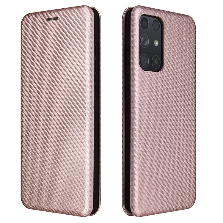 Pour Samsung Galaxy A72 5G Étui téléphone en cuir Fibre de carbone Housse à clapet avec porte-cartes Housse absorbante - Or rose