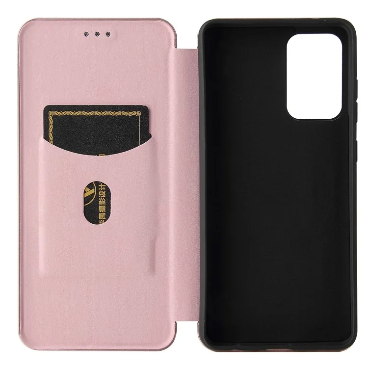 Pour Samsung Galaxy A72 5G Étui téléphone en cuir Fibre de carbone Housse à clapet avec porte-cartes Housse absorbante - Or rose