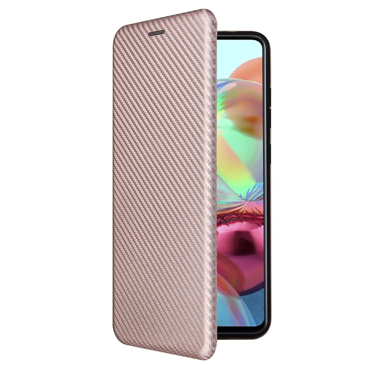 Pour Samsung Galaxy A72 5G Étui téléphone en cuir Fibre de carbone Housse à clapet avec porte-cartes Housse absorbante - Or rose