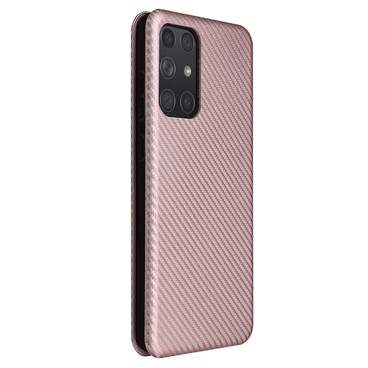 Pour Samsung Galaxy A72 5G Étui téléphone en cuir Fibre de carbone Housse à clapet avec porte-cartes Housse absorbante - Or rose