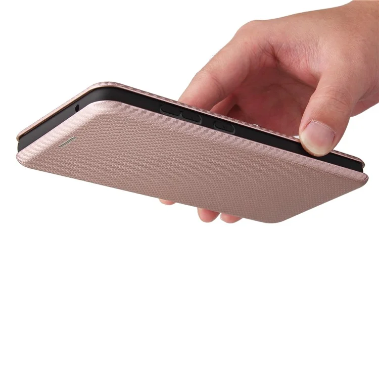 Pour Samsung Galaxy A72 5G Étui téléphone en cuir Fibre de carbone Housse à clapet avec porte-cartes Housse absorbante - Or rose