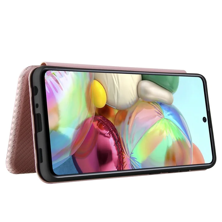 Pour Samsung Galaxy A72 5G Étui téléphone en cuir Fibre de carbone Housse à clapet avec porte-cartes Housse absorbante - Or rose