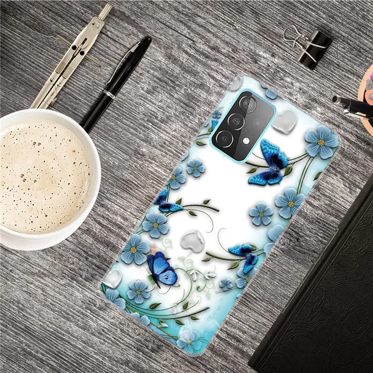 Pattern Printing Flexible TPU Phone Case for Samsung Galaxy A52 4G/5G / A52s 5G - Blue Butterfly and Flower