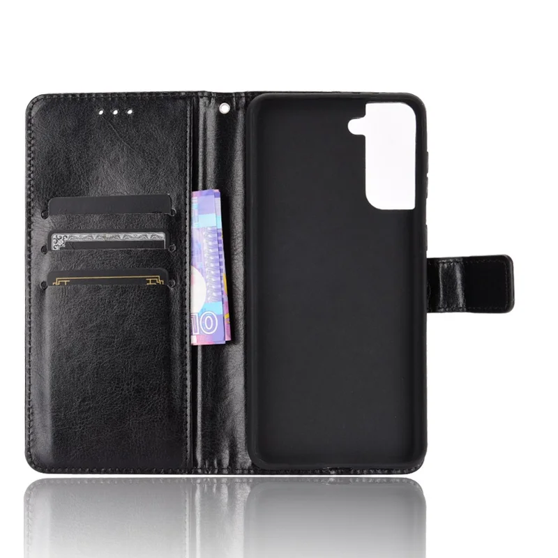 Wallet Stand Cover für Samsung Galaxy S21 4G/5G Crazy Horse Textur Leder Schale - Schwarz