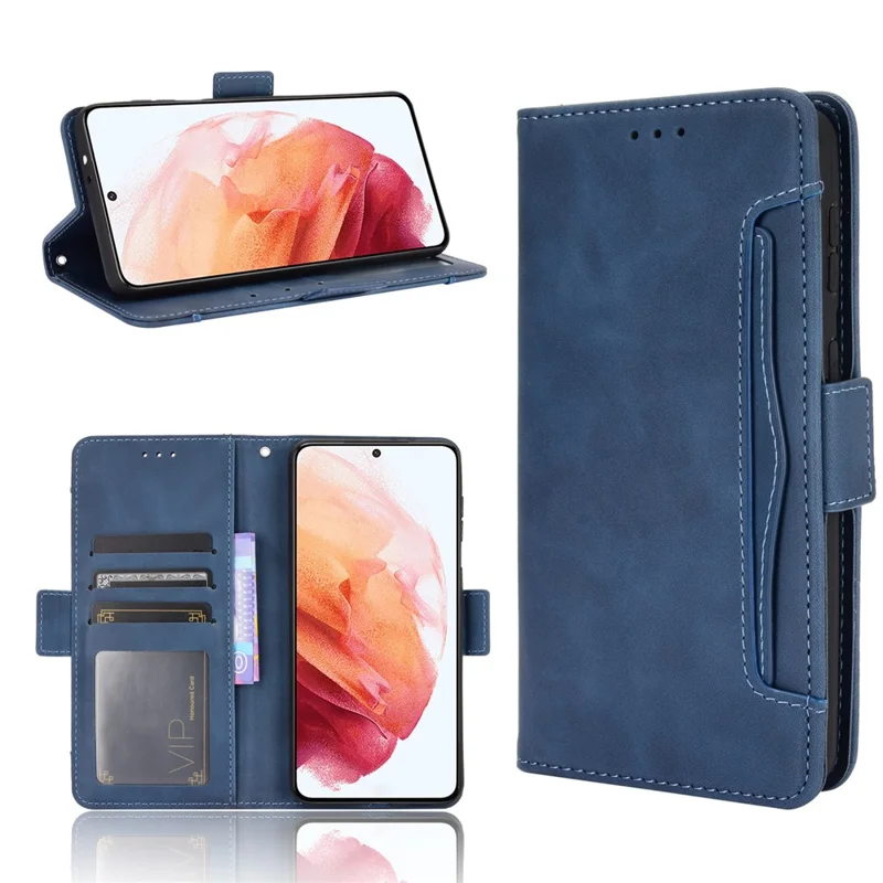 Multiple Card Slots for Samsung Galaxy S21 4G/5G Protective Cover Stand Leather Case - Blue