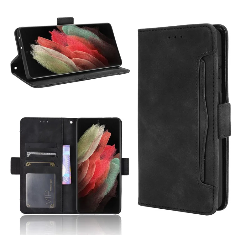 Multiple Card Slots Shell Für Samsung Galaxy S21 Ultra 5G Cover Deckel Leder Schutzhülle - Schwarz