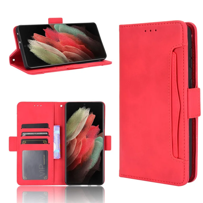 Multiple Card Slots Shell for Samsung Galaxy S21 Ultra 5G Cover Leather Protective Case - Red