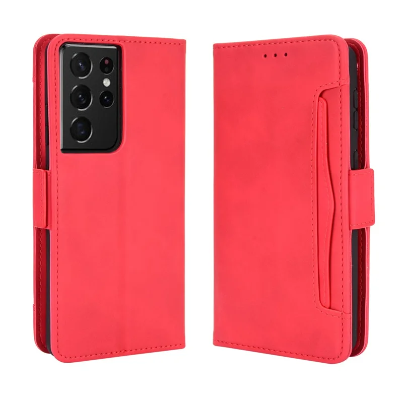 Multiple Card Slots Shell for Samsung Galaxy S21 Ultra 5G Cover Leather Protective Case - Red