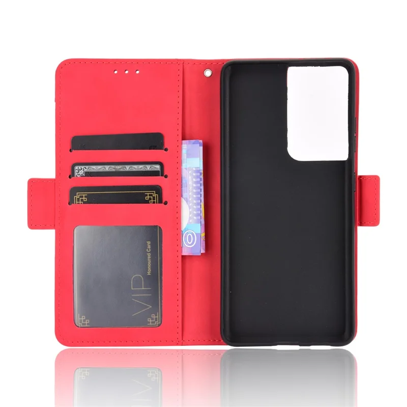 Multiple Card Slots Shell for Samsung Galaxy S21 Ultra 5G Cover Leather Protective Case - Red