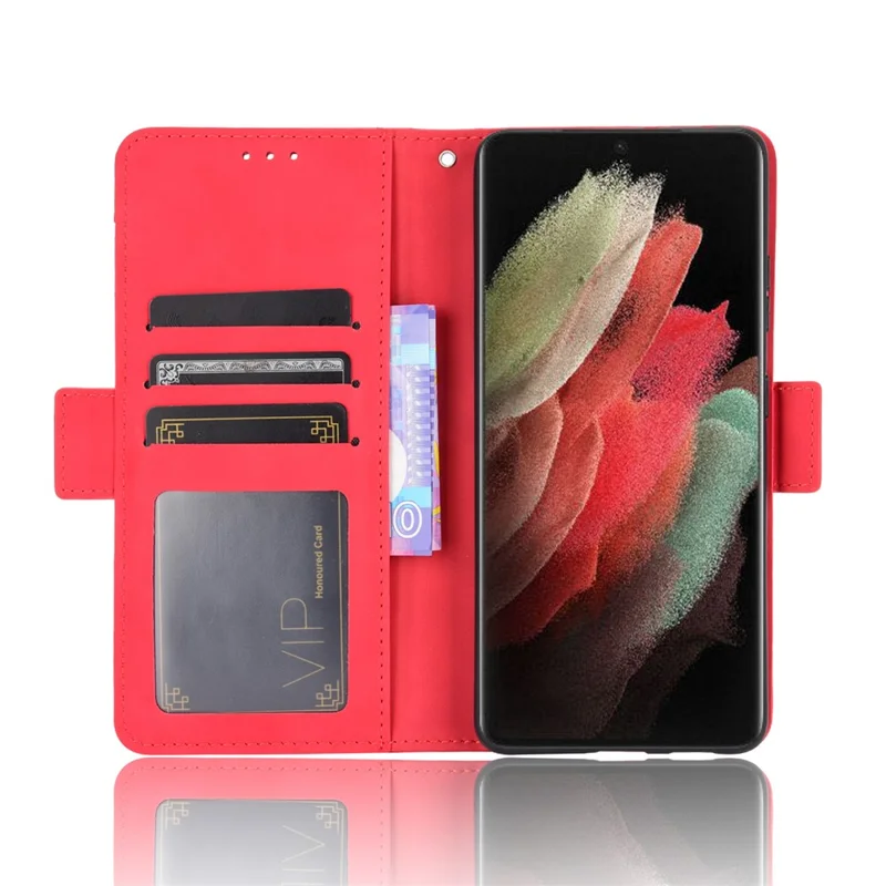 Multiple Card Slots Shell for Samsung Galaxy S21 Ultra 5G Cover Leather Protective Case - Red