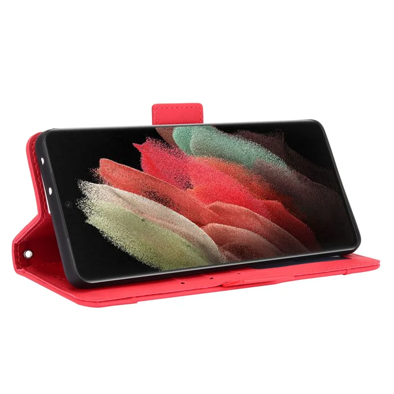 Multiple Card Slots Shell for Samsung Galaxy S21 Ultra 5G Cover Leather Protective Case - Red