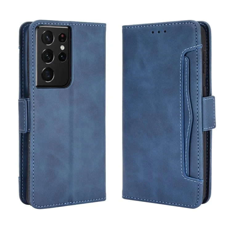 Funda con múltiples ranuras para tarjetas para Samsung Galaxy S21 Ultra 5G, funda de piel protectora - Azul