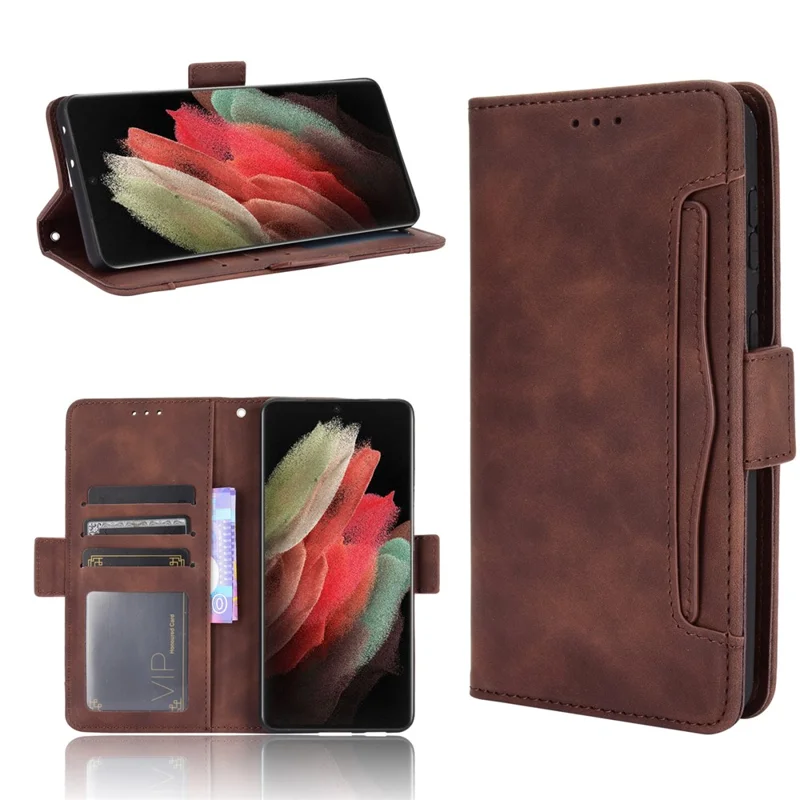 Multiple Card Slots Shell for Samsung Galaxy S21 Ultra 5G Cover Leather Protective Case - Brown