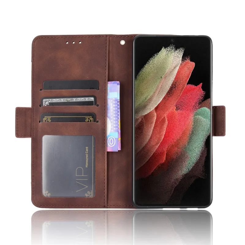 Multiple Card Slots Shell for Samsung Galaxy S21 Ultra 5G Cover Leather Protective Case - Brown