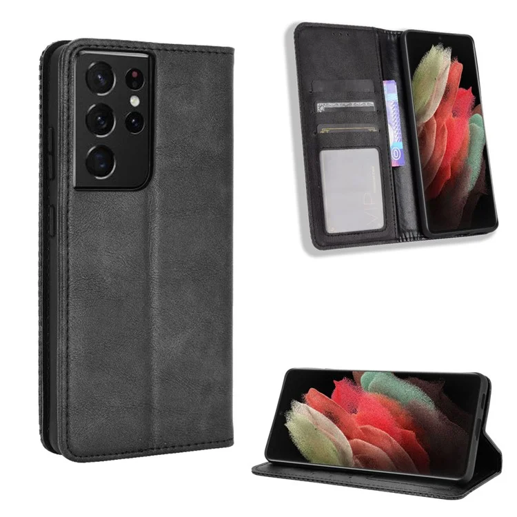 Vintage-Stil Auto-absorbed Wallet Stand TPU + PU Leder Handyhülle für Samsung Galaxy S21 Ultra 5G - Schwarz