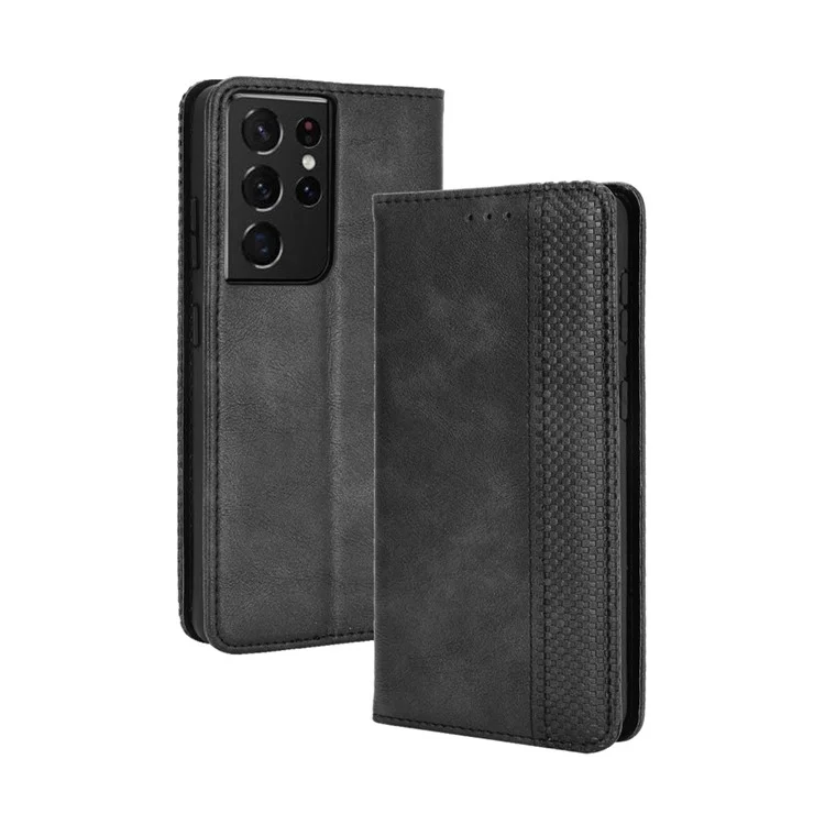 Vintage-Stil Auto-absorbed Wallet Stand TPU + PU Leder Handyhülle für Samsung Galaxy S21 Ultra 5G - Schwarz