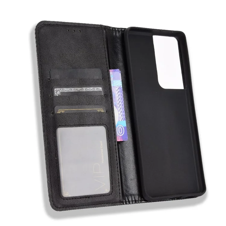 Vintage-Stil Auto-absorbed Wallet Stand TPU + PU Leder Handyhülle für Samsung Galaxy S21 Ultra 5G - Schwarz