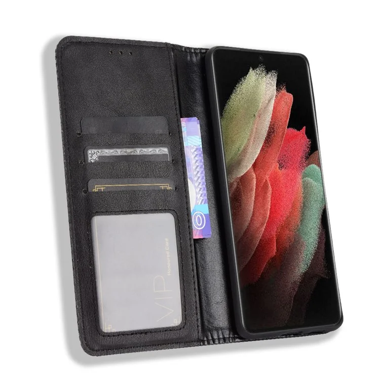 Vintage-Stil Auto-absorbed Wallet Stand TPU + PU Leder Handyhülle für Samsung Galaxy S21 Ultra 5G - Schwarz