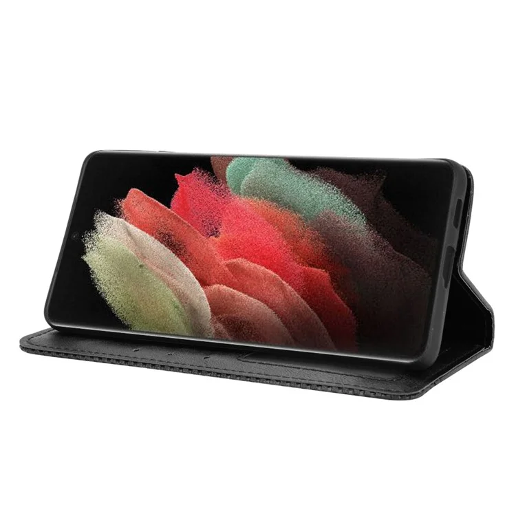 Vintage-Stil Auto-absorbed Wallet Stand TPU + PU Leder Handyhülle für Samsung Galaxy S21 Ultra 5G - Schwarz