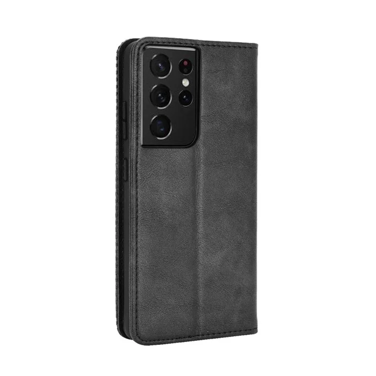Vintage-Stil Auto-absorbed Wallet Stand TPU + PU Leder Handyhülle für Samsung Galaxy S21 Ultra 5G - Schwarz