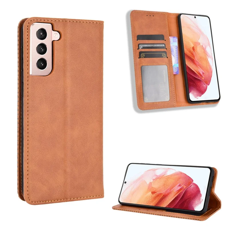 Auto-absorbed Retro Style Wallet Stand Leather Phone Case for Samsung Galaxy S21+ 5G - Brown