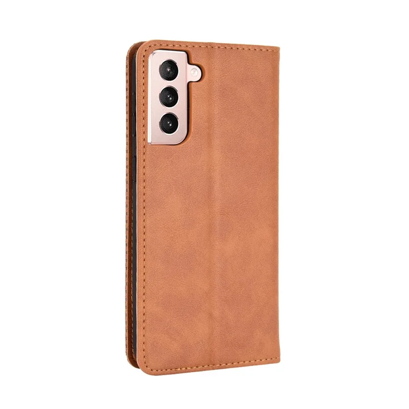 Auto-absorbed Retro Style Wallet Stand Leather Phone Case for Samsung Galaxy S21+ 5G - Brown