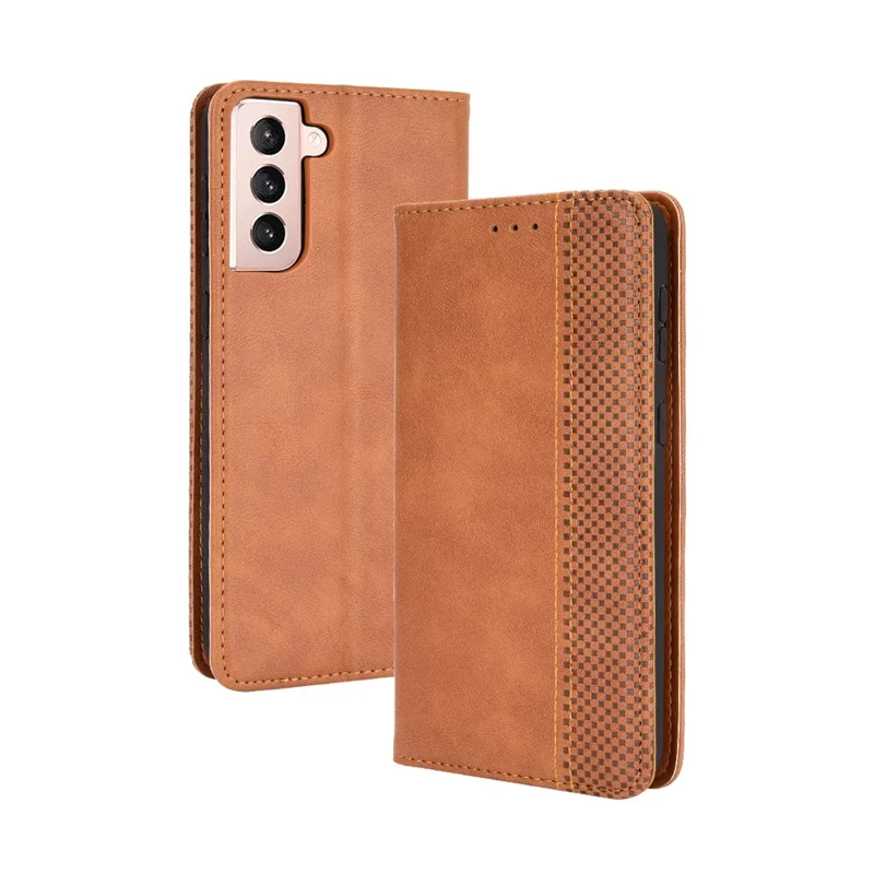 Auto-absorbed Retro Style Wallet Stand Leather Phone Case for Samsung Galaxy S21+ 5G - Brown