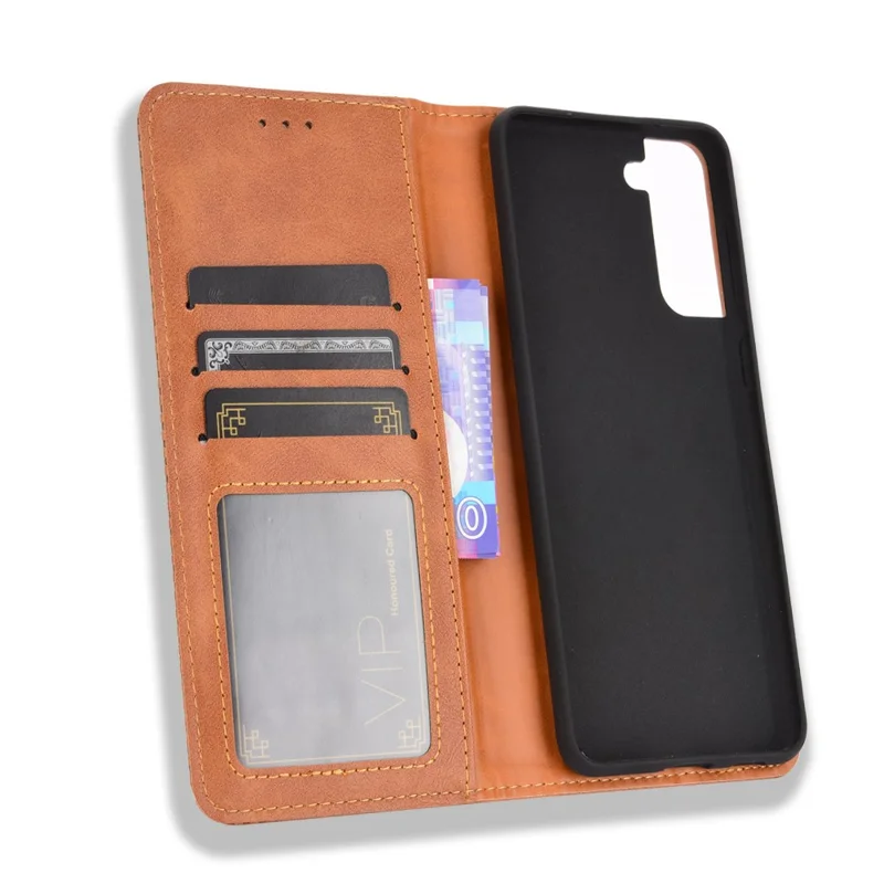 Auto-absorbed Retro Style Wallet Stand Leather Phone Case for Samsung Galaxy S21+ 5G - Brown