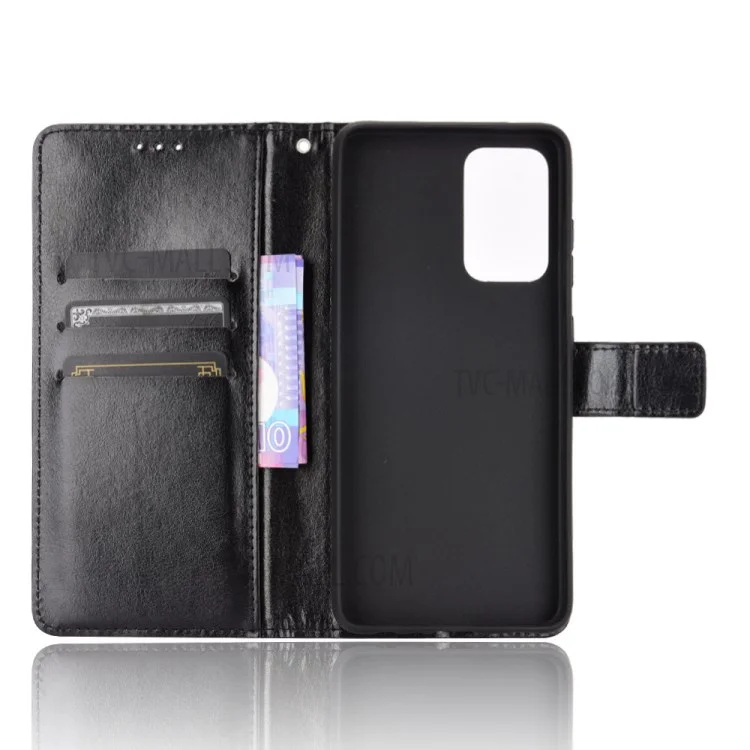 Wallet Stand Full Protection Crazy Horse Texture Leather Shell für Samsung Galaxy A72 4G/5G - Schwarz