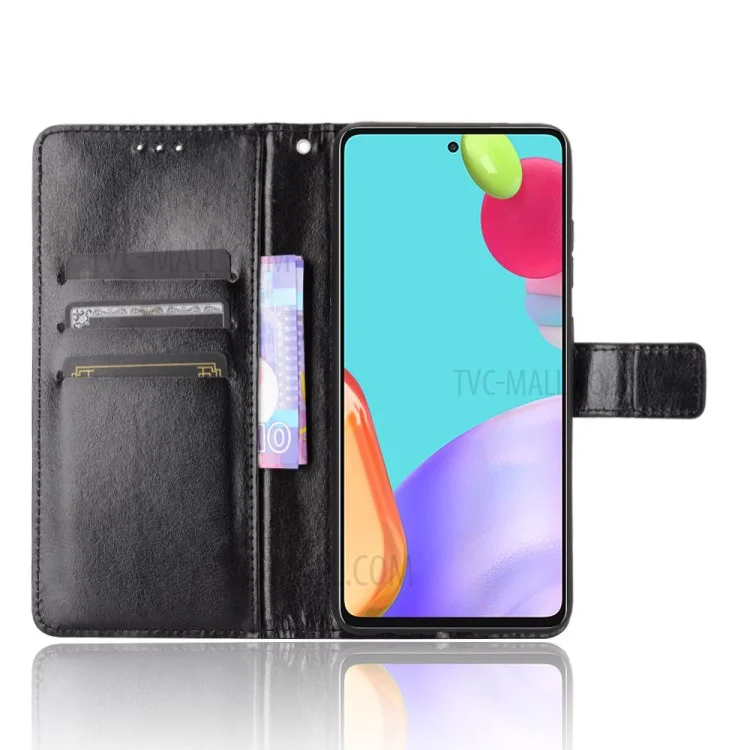 Wallet Stand Full Protection Crazy Horse Texture Leather Shell for Samsung Galaxy A72 4G/5G - Black