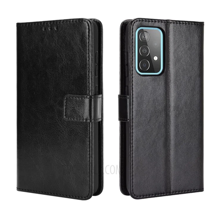 Wallet Stand Full Protection Crazy Horse Texture Leather Shell for Samsung Galaxy A72 4G/5G - Black