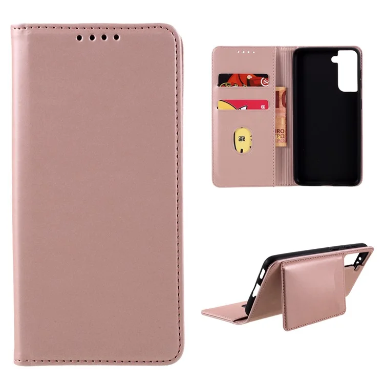 Funda de Cartera de Piel con Tacto de Silicona Líquida Autosorbente para Samsung Galaxy S21 4G/5G - Oro Rosa