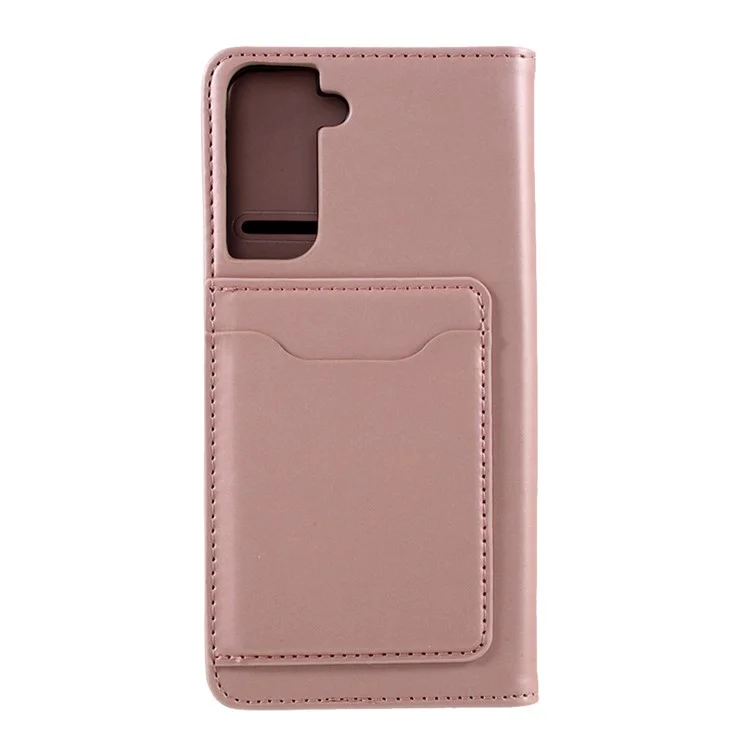 Funda de Cartera de Piel con Tacto de Silicona Líquida Autosorbente para Samsung Galaxy S21 4G/5G - Oro Rosa