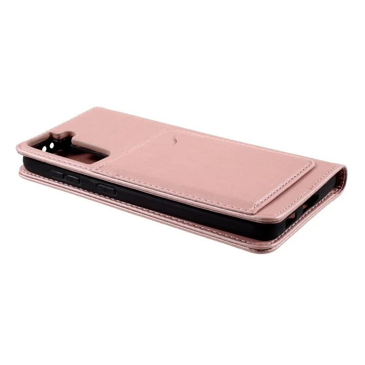 Funda de Cartera de Piel con Tacto de Silicona Líquida Autosorbente para Samsung Galaxy S21 4G/5G - Oro Rosa