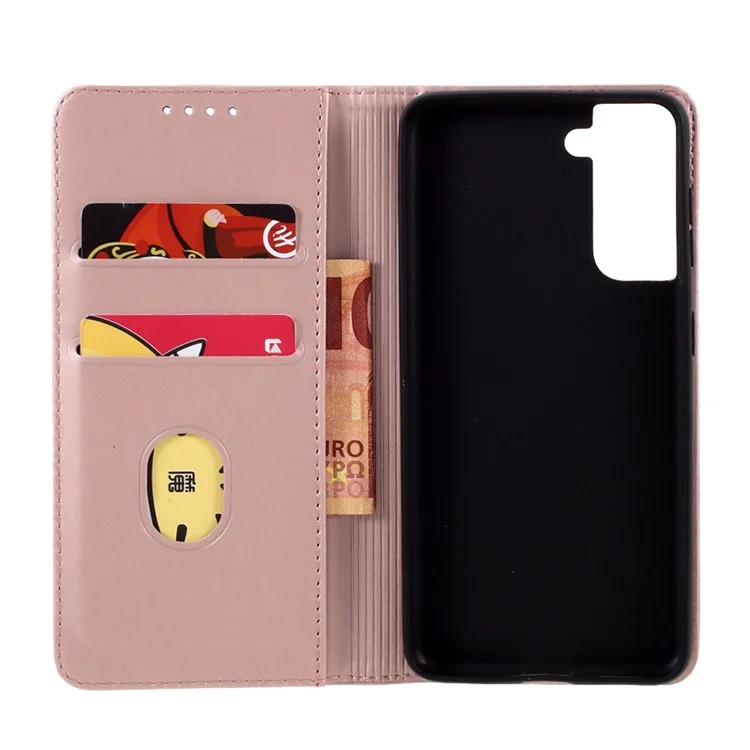 Funda de Cartera de Piel con Tacto de Silicona Líquida Autosorbente para Samsung Galaxy S21 4G/5G - Oro Rosa