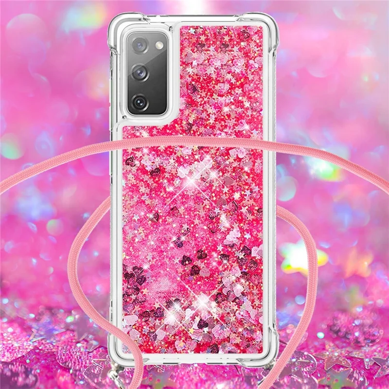 Dynamiczna obudowa TPU z piaskiem kwarcowym i sznurkiem zawieszającym przeciw upadkowi dla Samsung Galaxy S20 FE 4G/FE 5G/S20 Lite/S20 FE 2022 - Różowy
