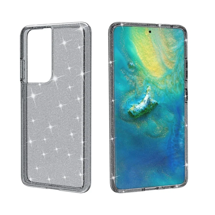 Glittery Powder Design Case for Samsung Galaxy S21 Ultra 5G PC+TPU Hybrid Phone Cover - Black