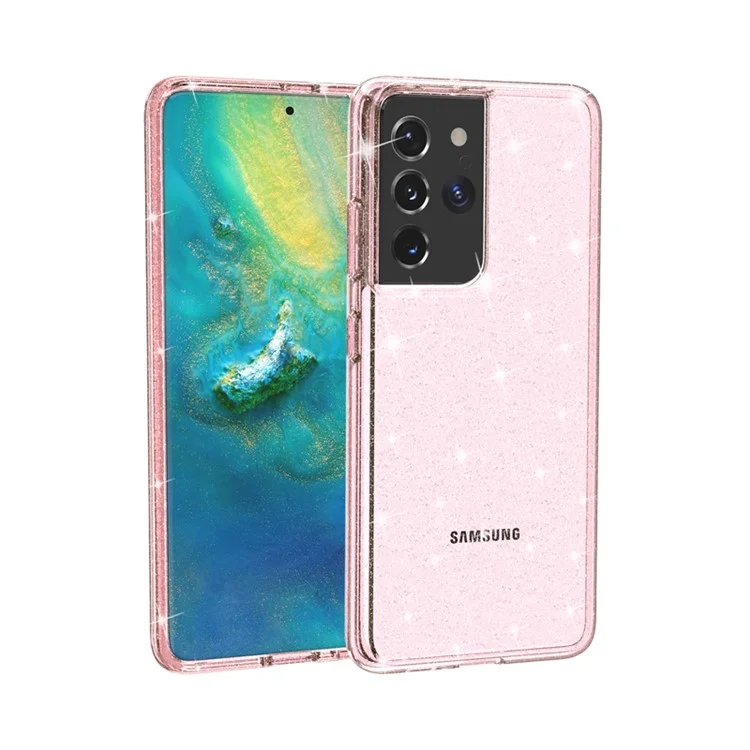 Capa de telefone híbrida PC+TPU com design em pó brilhante para Samsung Galaxy S21 Ultra 5G - Rosa