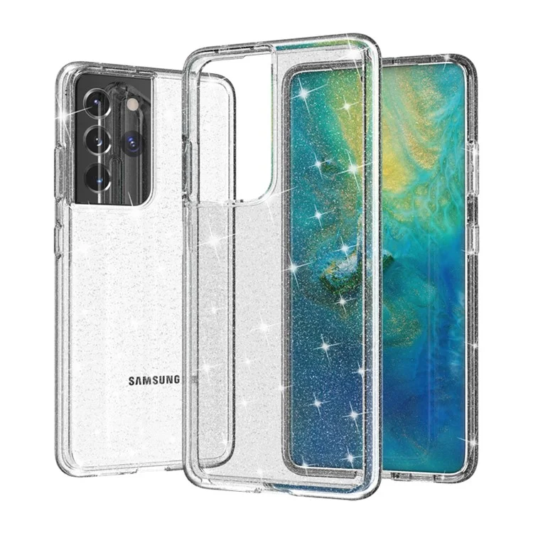 Glittery Powder Design Case for Samsung Galaxy S21 Ultra 5G PC+TPU Hybrid Phone Cover - Silver