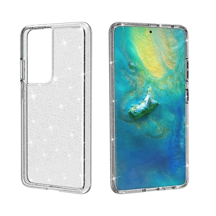 Glittery Powder Design Case for Samsung Galaxy S21 Ultra 5G PC+TPU Hybrid Phone Cover - Silver