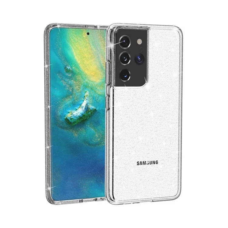 Glittery Powder Design Case for Samsung Galaxy S21 Ultra 5G PC+TPU Hybrid Phone Cover - Silver