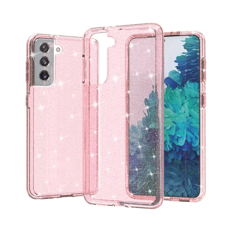 Clear Glitter Case for Samsung Galaxy S21 4G/5G, Hard PC Soft TPU Anti-Scratch Sparkle Hybrid Phone Cover - Pink