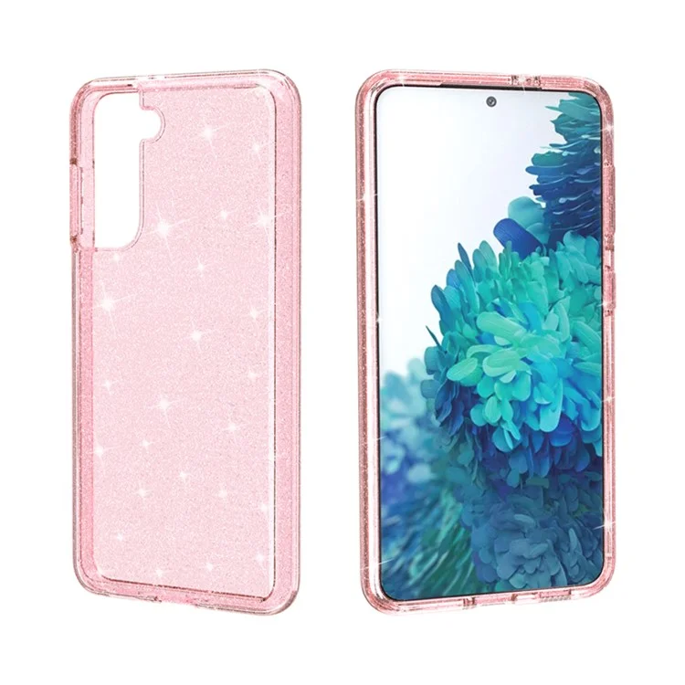 Clear Glitter Case for Samsung Galaxy S21 4G/5G, Hard PC Soft TPU Anti-Scratch Sparkle Hybrid Phone Cover - Pink