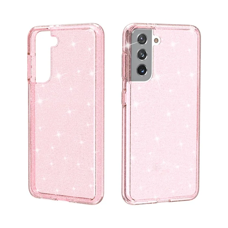Clear Glitter Case for Samsung Galaxy S21 4G/5G, Hard PC Soft TPU Anti-Scratch Sparkle Hybrid Phone Cover - Pink