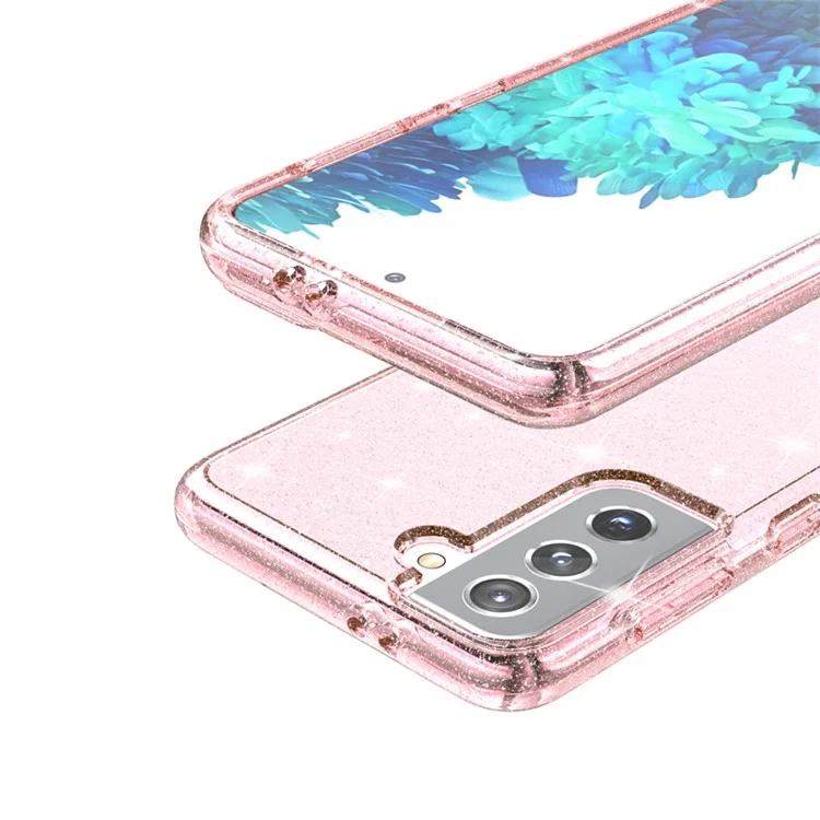Clear Glitter Case for Samsung Galaxy S21 4G/5G, Hard PC Soft TPU Anti-Scratch Sparkle Hybrid Phone Cover - Pink