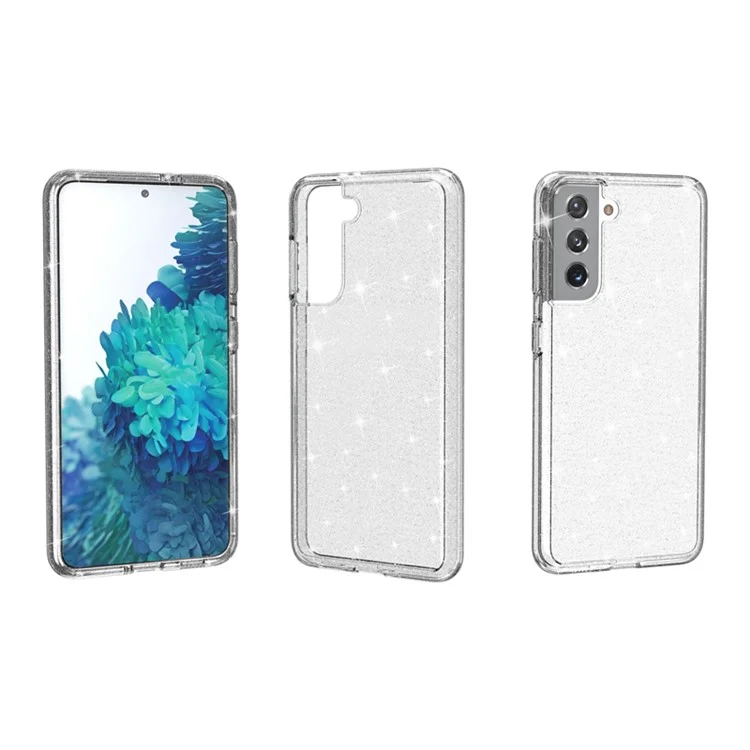 Capa de Glitter Transparente para Samsung Galaxy S21 4G/5G, Capa de Telefone Híbrida Anti-Arranhões de PC Rígido e TPU Macio com Brilho - Branca